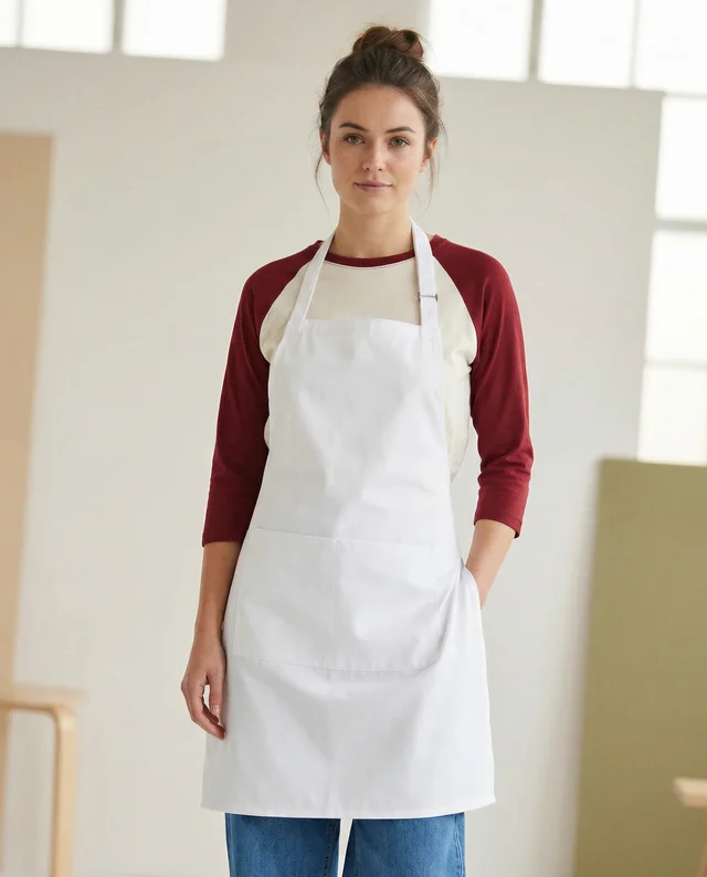 Confident Woman in White Apron Mockup for Stylish Studios