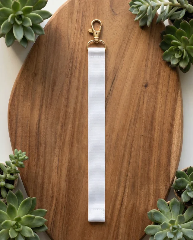 Elegant Lanyard Mockup on Wooden Surface with Succulents