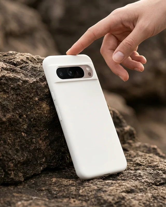 Sleek White Phone Cover Mockup on Textured Rock Surface