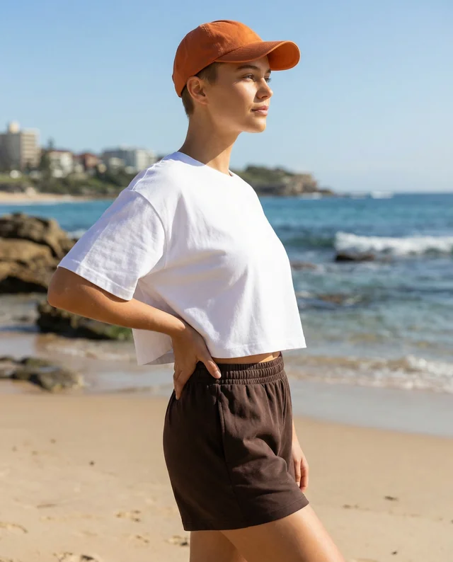 Stylish Mockup of a Woman in a Crop Top at the Beach