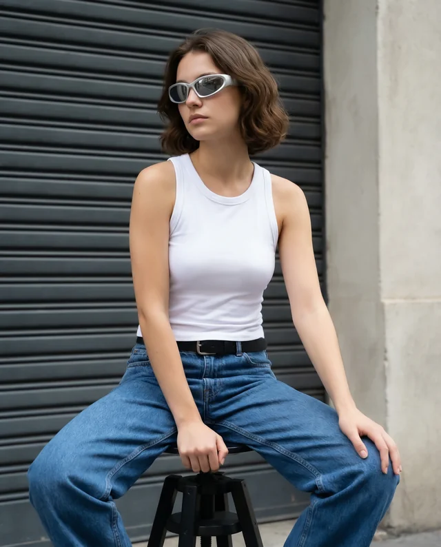 Confident Woman in Fitted White Tank Top Urban Mockup
