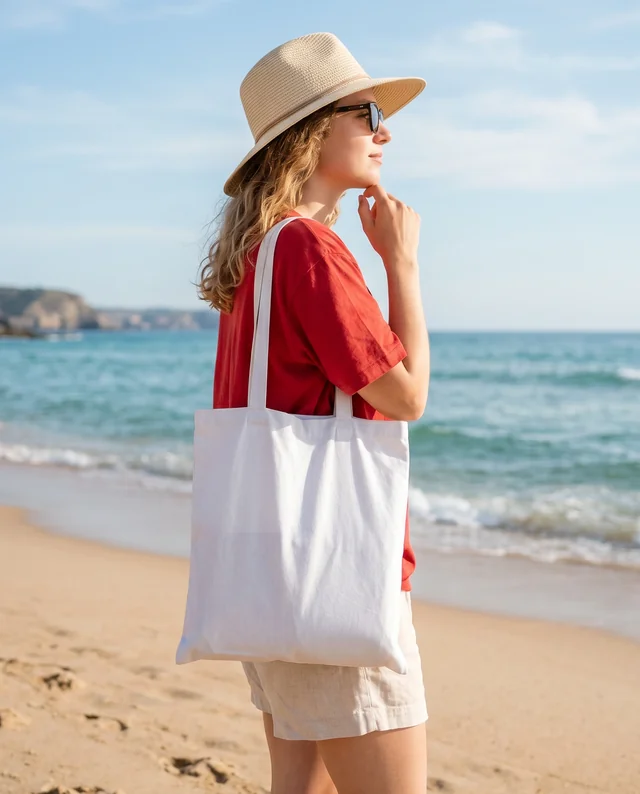 Stylish Tote Bag Mockup on a Beach with Young Woman