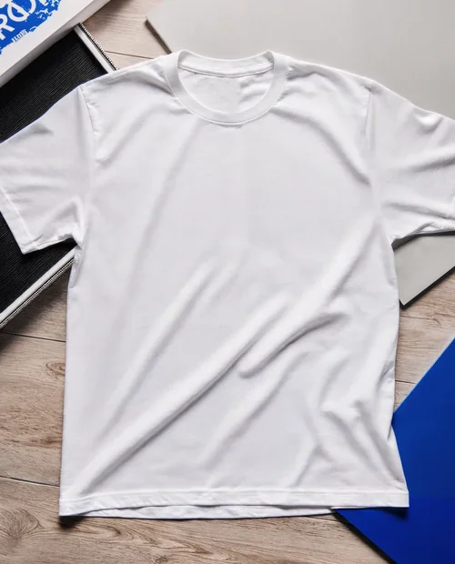 Elegant T-Shirt Mockup on Wooden Surface