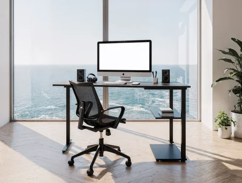 Modern Home Office Mockup with iMac and Ocean View