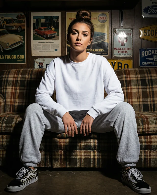 Confident Woman in Crop Top Mockup on Vintage Couch