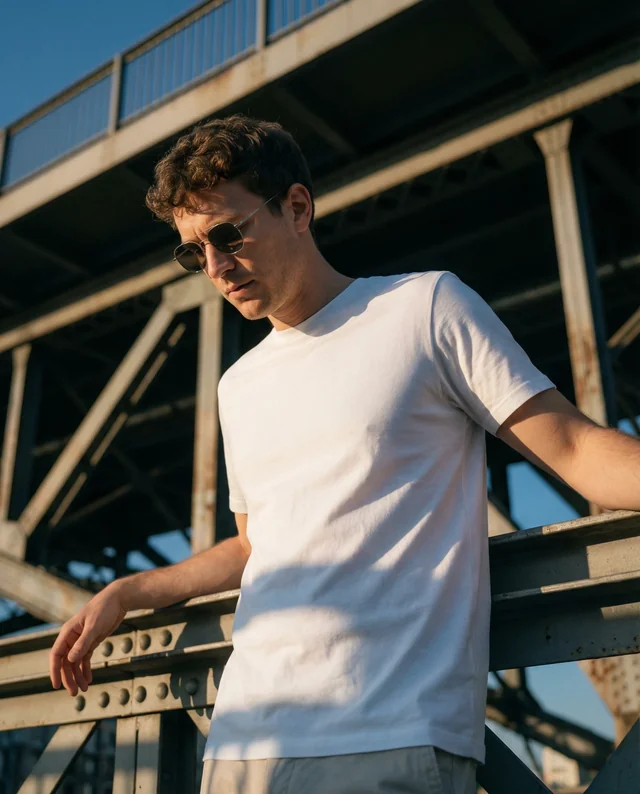 Stylish T-Shirt Mockup of a Young Man on a Bridge