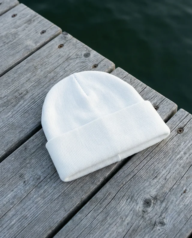 Stylish White Knit Beanie Mockup on Rustic Wooden Dock