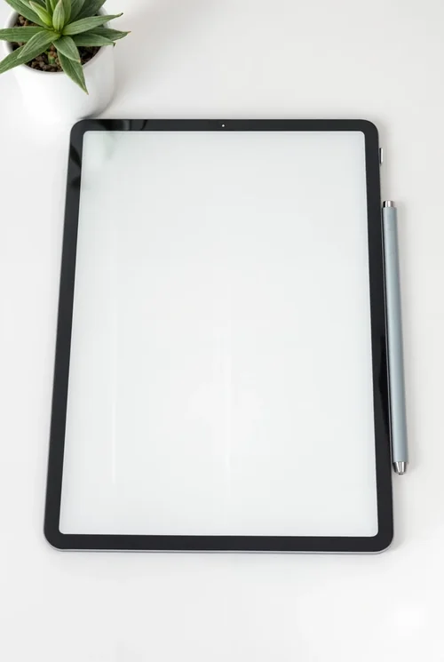 Minimalist iPad Pro Mockup with Stylus and Succulent Plant