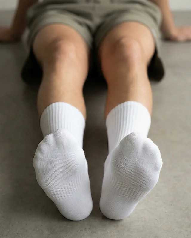 Relaxing Mockup of Feet in White Socks on Concrete Floor