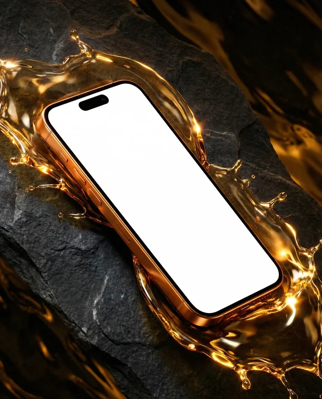 Sleek iPhone Mockup with Golden Liquid Splash