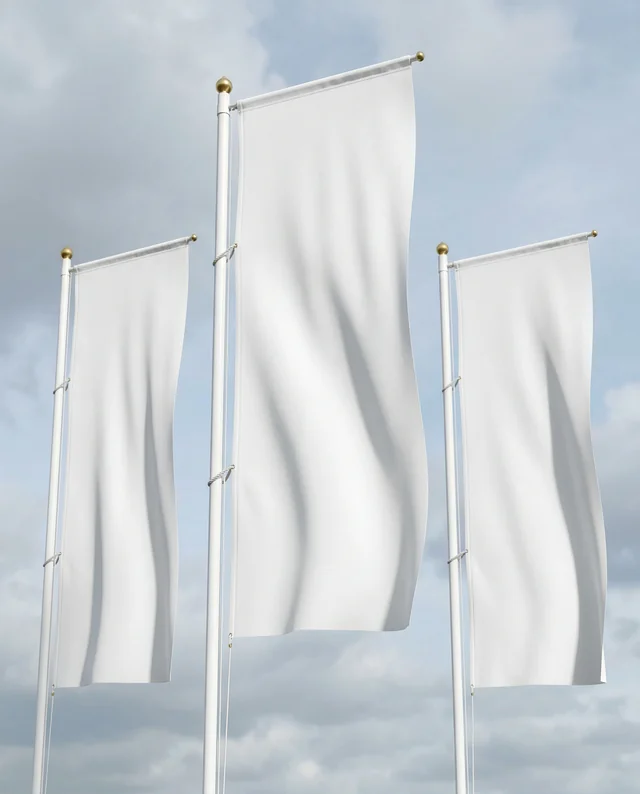 Elegant Mockup of Fluttering White Flags on Silver Poles