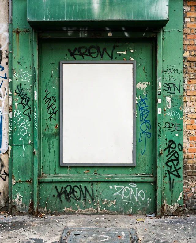 Urban Poster Mockup Featuring Weathered Green Door