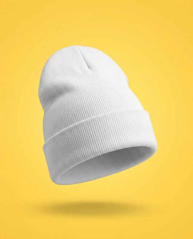 Floating White Beanie Mockup Against Yellow Background