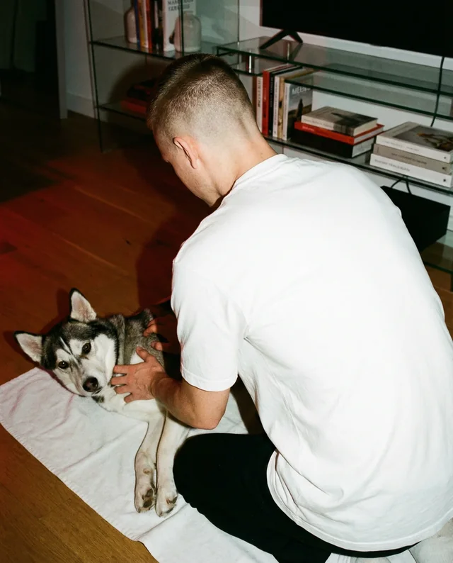 Cozy T-Shirt Mockup with Person and Dog Interaction