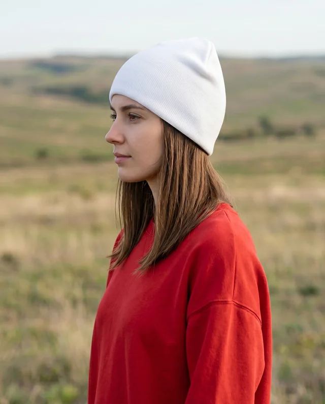 Young Woman in Profile Wearing a Beanie Mockup