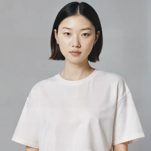 Mockup of T-Shirt on Woman with Soft Gray Background