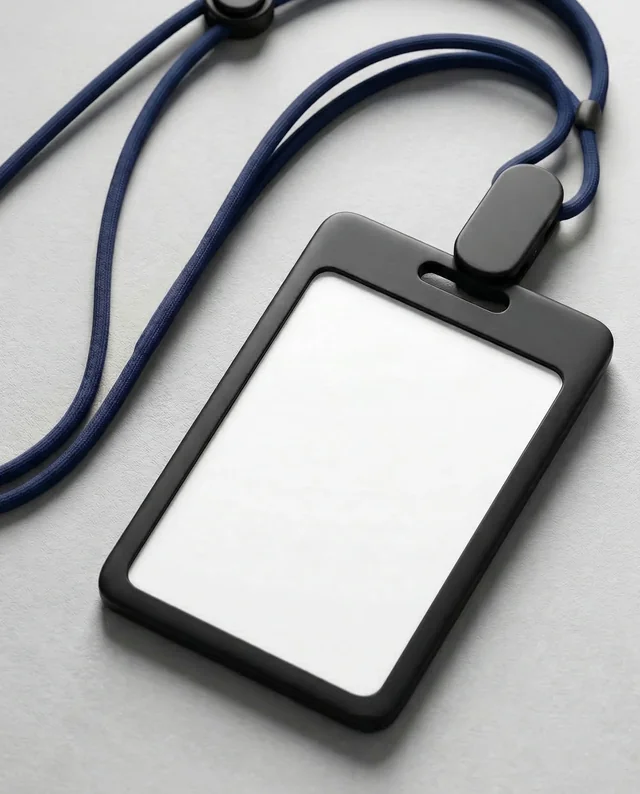 Elegant Mockup of ID Card in Black Holder and Blue Lanyard