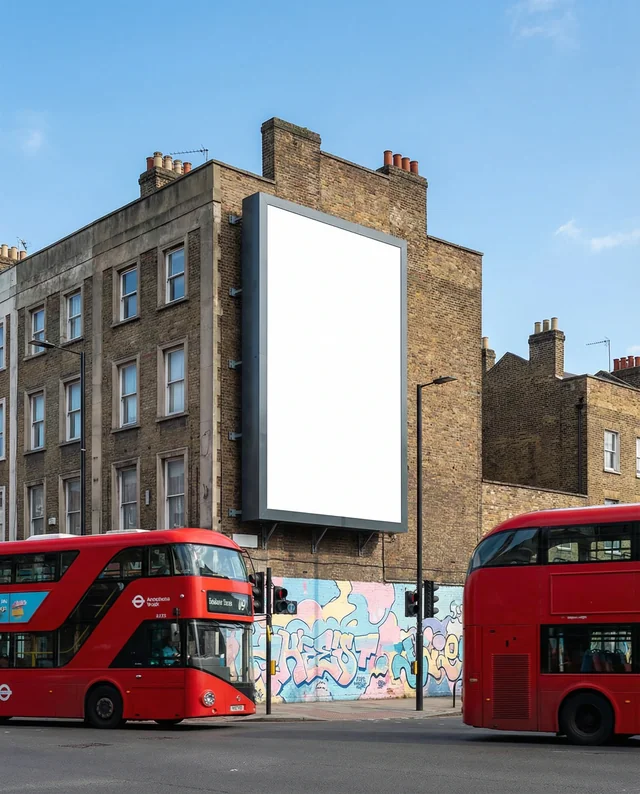 Urban Mockup with Billboard and Double-Decker Buses