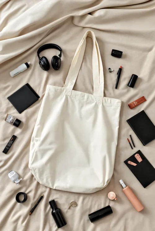 Stylish Mockup of a Cream Tote Bag with Everyday Items