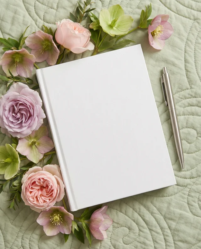 Elegant Book Mockup with Pastel Flowers and Pen