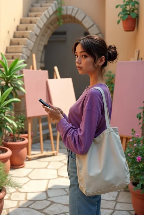 Stylish Mockup of Tote Bag in Artistic Courtyard Scene