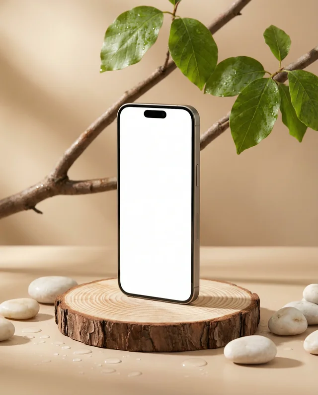 Minimalist iPhone Mockup on Natural Wood Slice