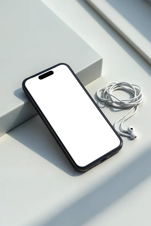 Black iPhone 16 Pro Max Mockup with Earphones - Minimalist