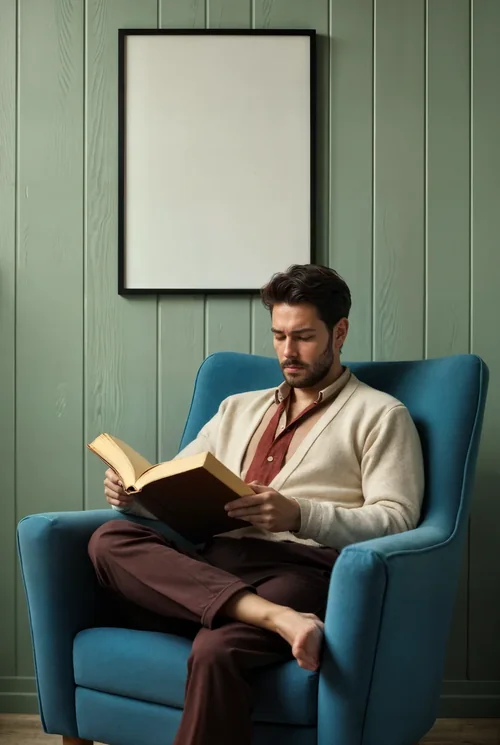 Stylish Mockup Poster with Blue Armchair and Green Background