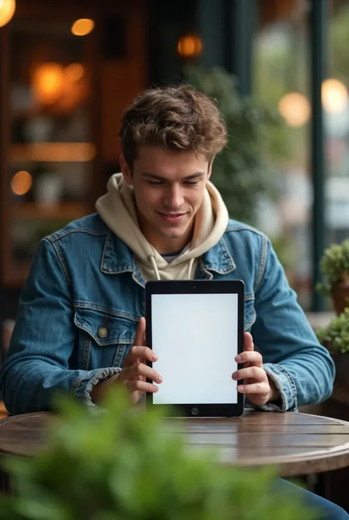 Casual iPad Mockup in Outdoor Cafe Scene - Realistic Focus