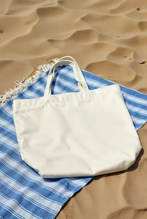 Cream Tote Bag Mockup on Striped Beach Towel | Minimalist