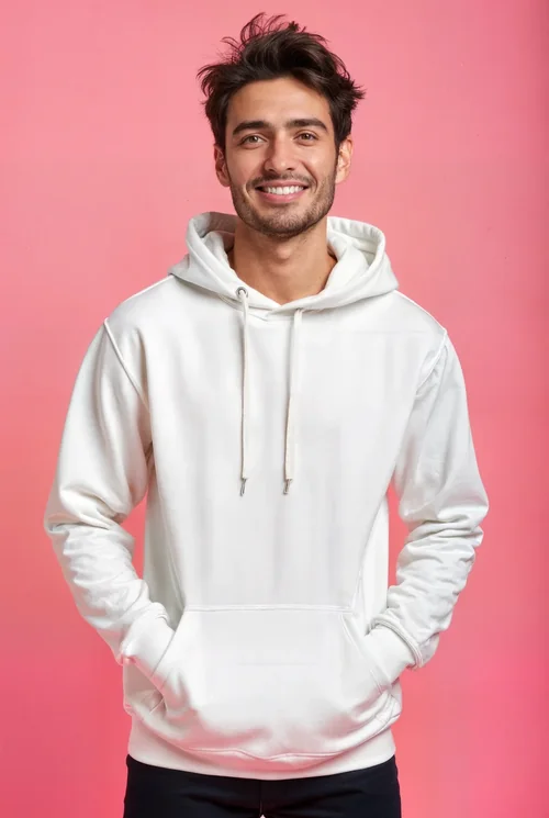 Vibrant Pink Background Hoodie Mockup with Friendly Model
