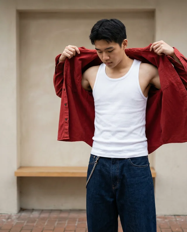 Urban Mockup of Young Man in Fitted Tank Top and Shirt