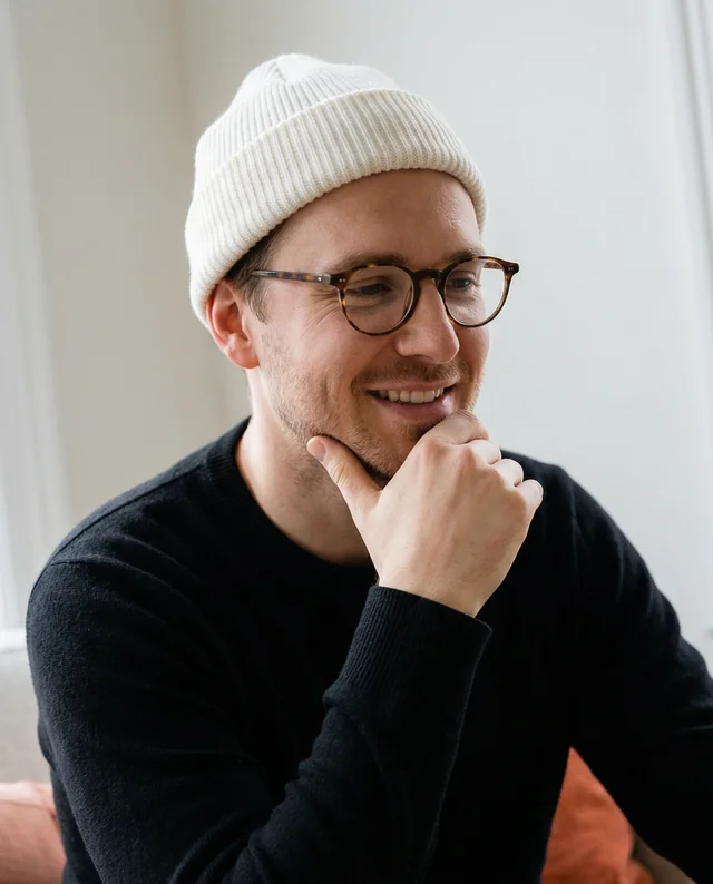 Thoughtful Young Man in Cozy Beanie Mockup Image