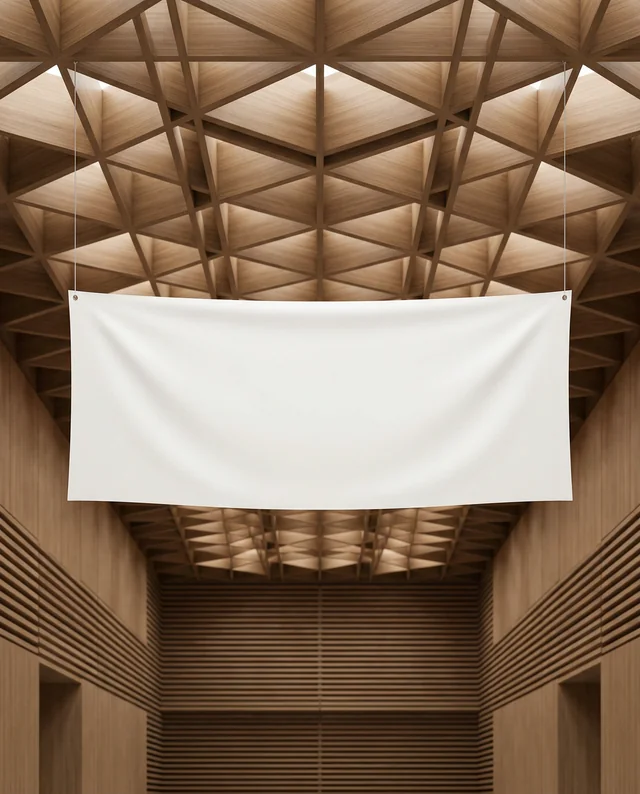 Modern Hall Interior with Geometric Wood Ceiling Banner
