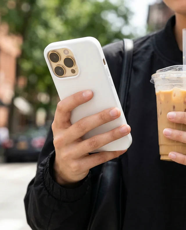 Urban Mockup of a Phone Cover with Iced Coffee in Hand
