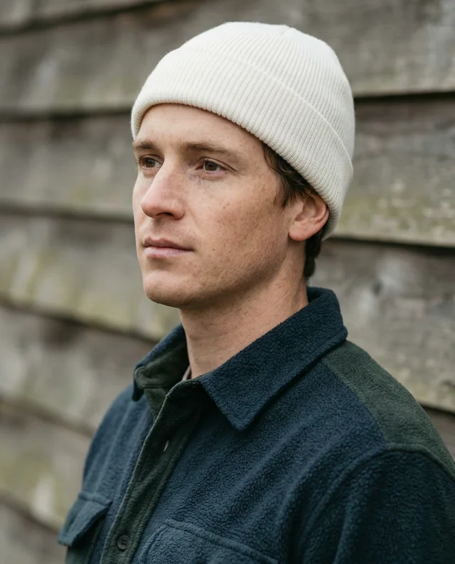 Young Man in Cream Beanie Mockup Against Rustic Background