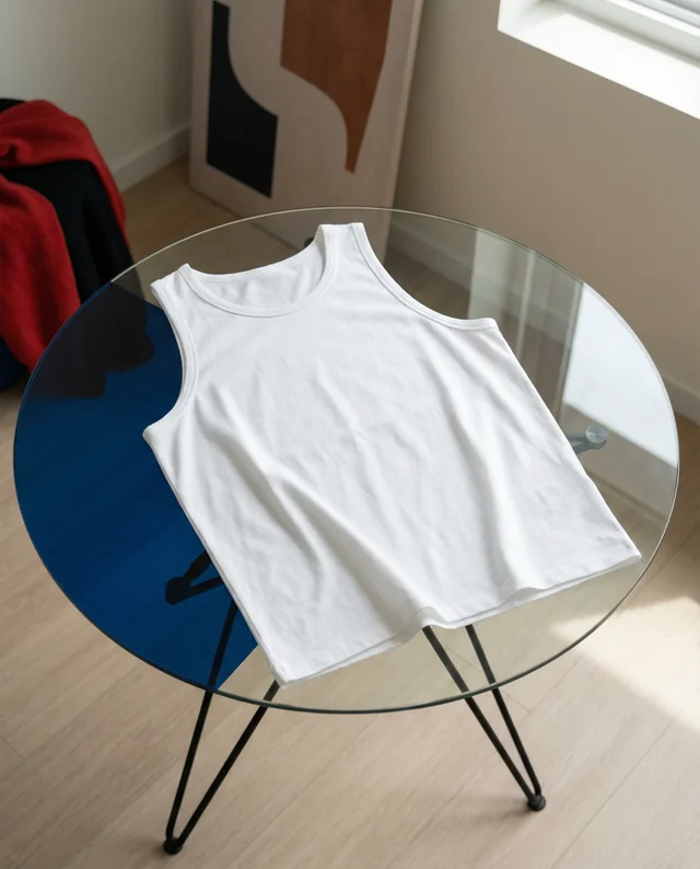 Minimalist Mockup of White Tank Top on Glass Table