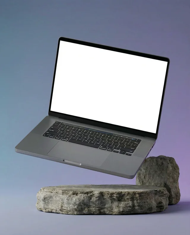 Sleek MacBook Mockup Above Natural Stone Slab