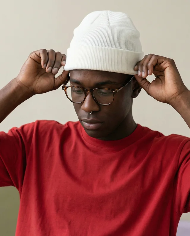 Stylish Mockup of Young Man in White Beanie and Glasses