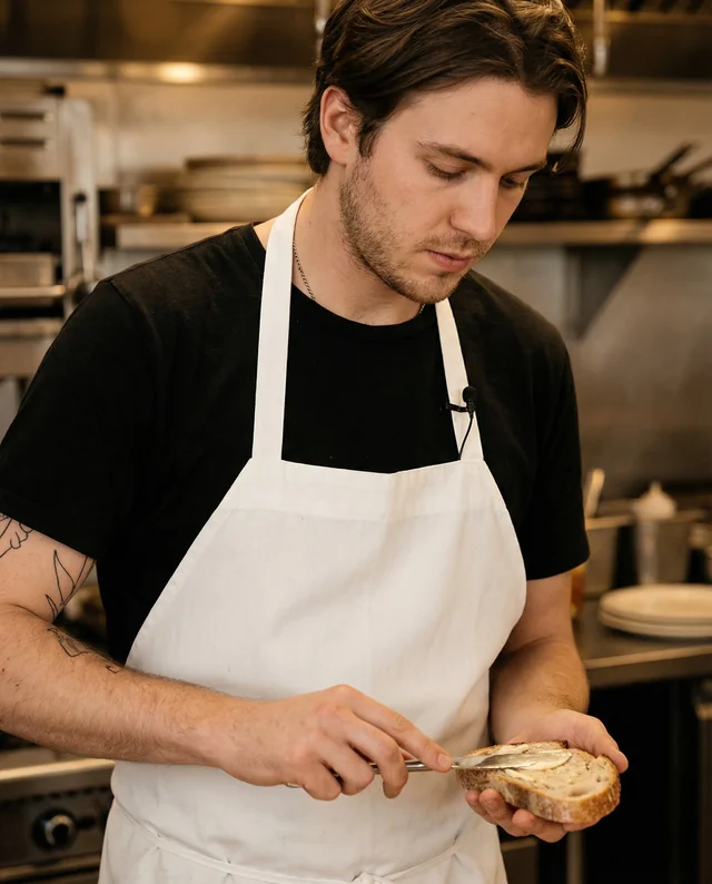 Young Chef Mockup in Modern Kitchen with Apron and Bread