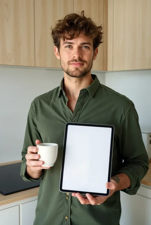 Casual iPad Mockup: Man in Kitchen with Coffee Cup