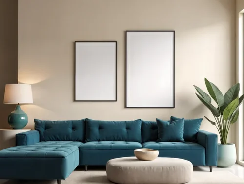 Teal Sofa Mockup with Warm Background and Colorful Decor