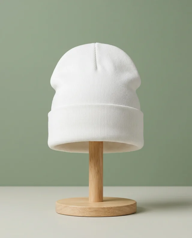 Elegant White Beanie Mockup on Minimalist Wooden Stand