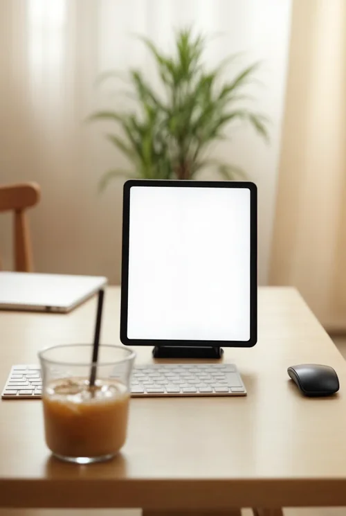 Stylish iPad Mockup on a Wooden Desk in a Home Office