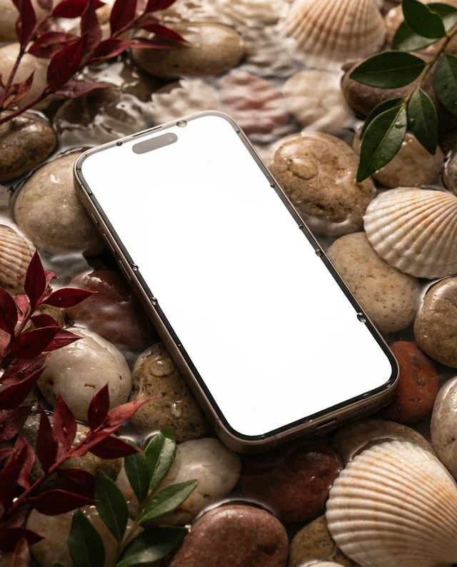 Modern iPhone Mockup on Colorful Pebbles and Water