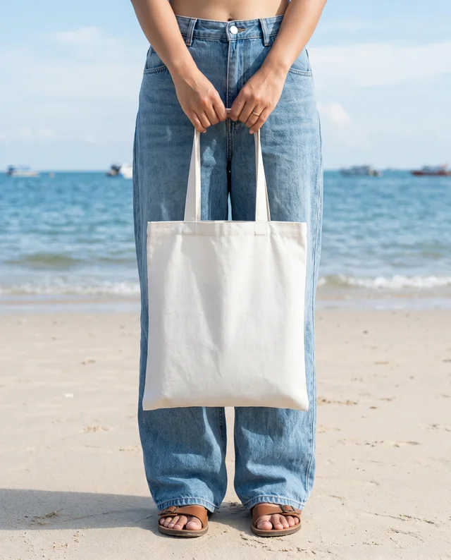Casual Summer Tote Bag Mockup on Sandy Beach