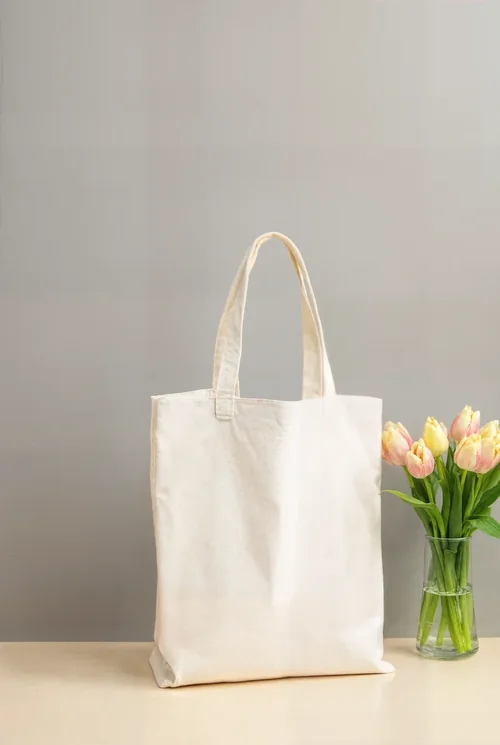 Minimalist Tote Bag Mockup on Light Wooden Table