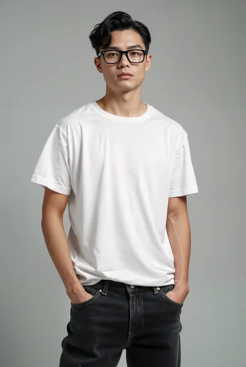 Stylish T-Shirt Mockup Featuring Asian Male Supermodel