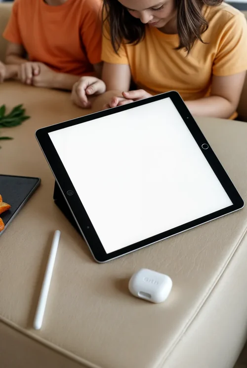 Black iPad Pro Mockup on Beige Couch with Children
