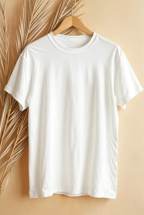 Minimalist White T-Shirt Mockup Against Beige Background